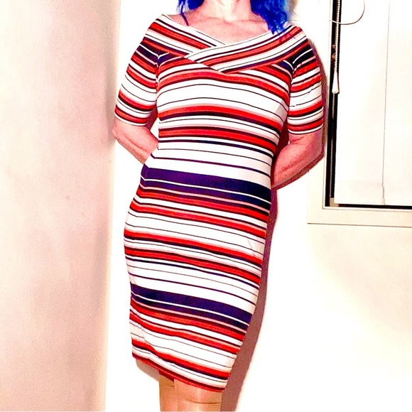 French Connection Dresses & Skirts - SOLDFrench Connection striped, stretch body con midi dress s10.